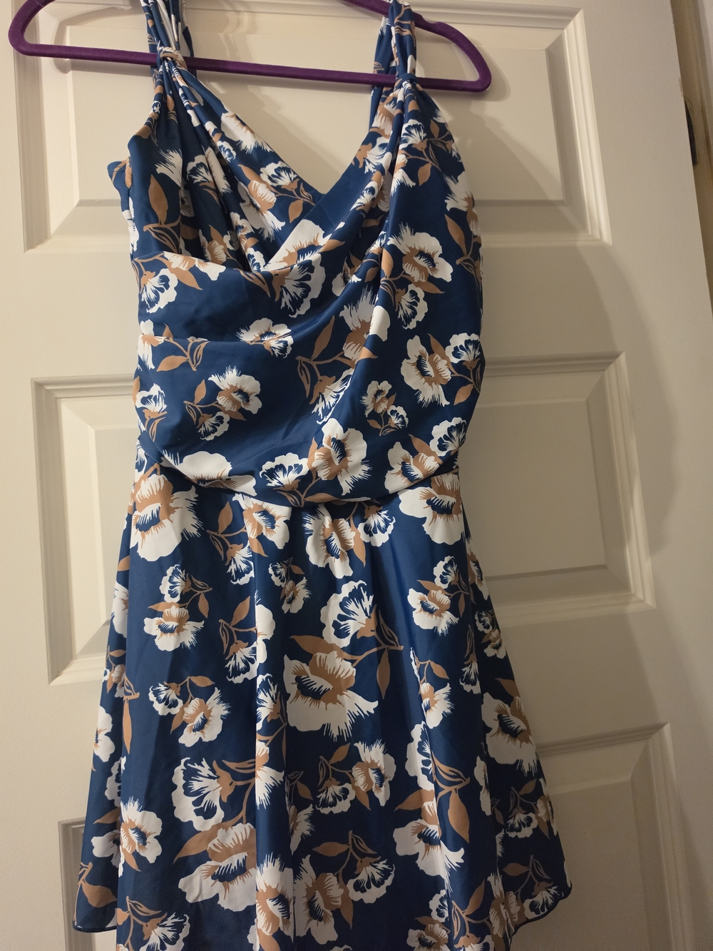Blue Floral Faux Wrap Neck Swimdress